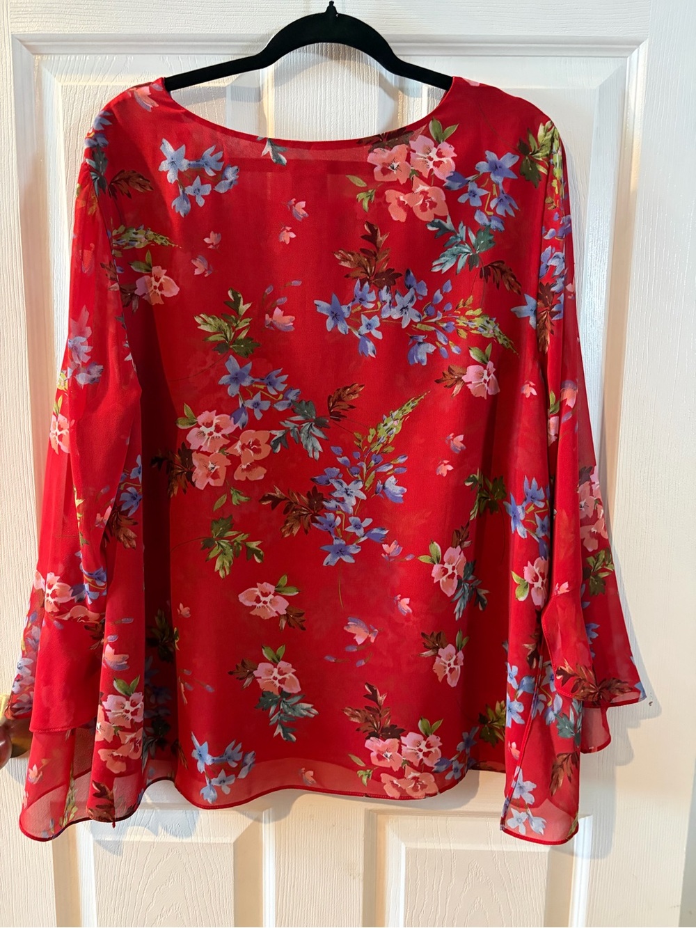 CAbi Red Floral Keyhole Bell Sleeve Blouse - Picture 5 of 5